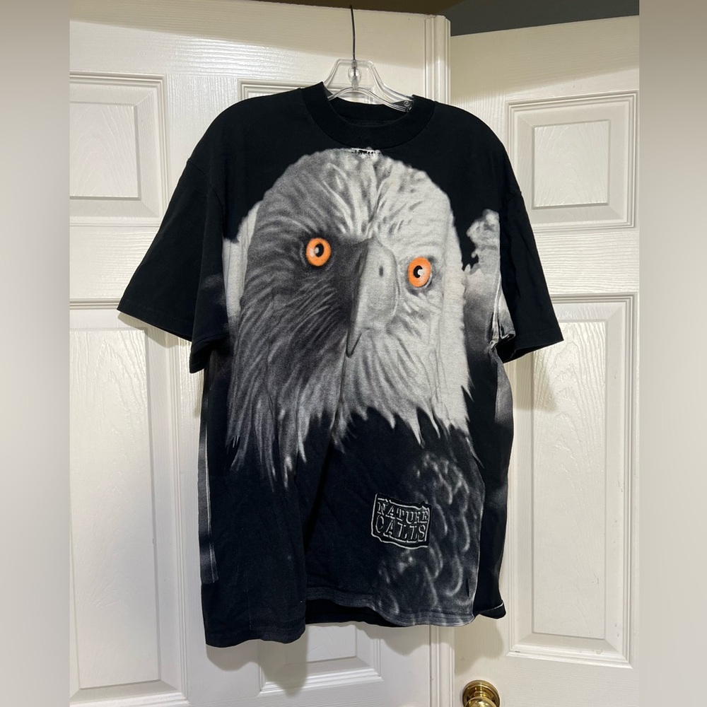 Vintage‎ 90s Nature Calls Bald Eagle All over Print Nature Black and White Sz XL